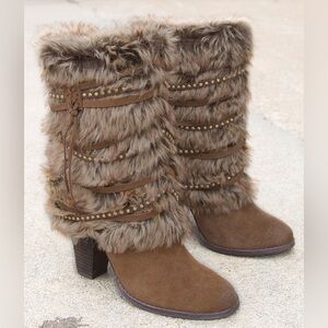 Buckle Naughty Monkey Snow Cozy Boot Fur Suede Leather Brown 8.5